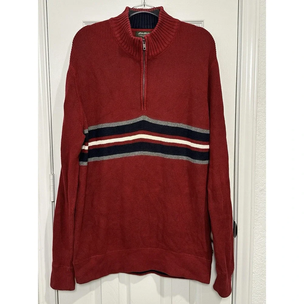 Eddie Bauer 1/4 Zip Knit 100% Cotton Pullover Sweater Men's‎ Size Large Dark Red